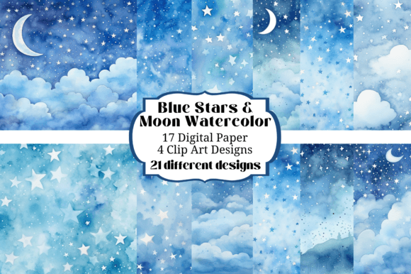 Enchanting Blue Stars Moon Watercolor Backgrounds for Creative Projects